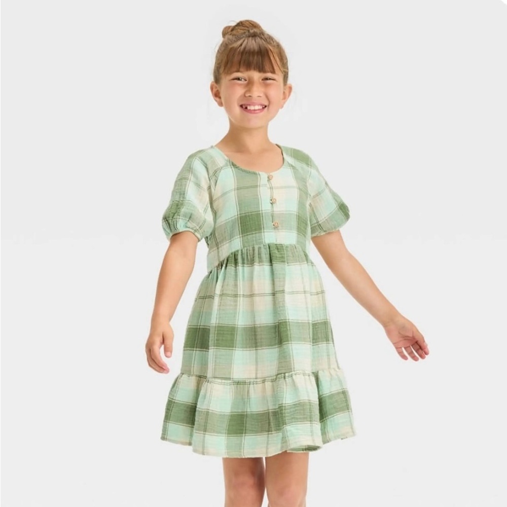 Cat & Jack Girls' Short Sleeve Plaid Woven Gauze Dress - Green XS - Picture 2 of 4